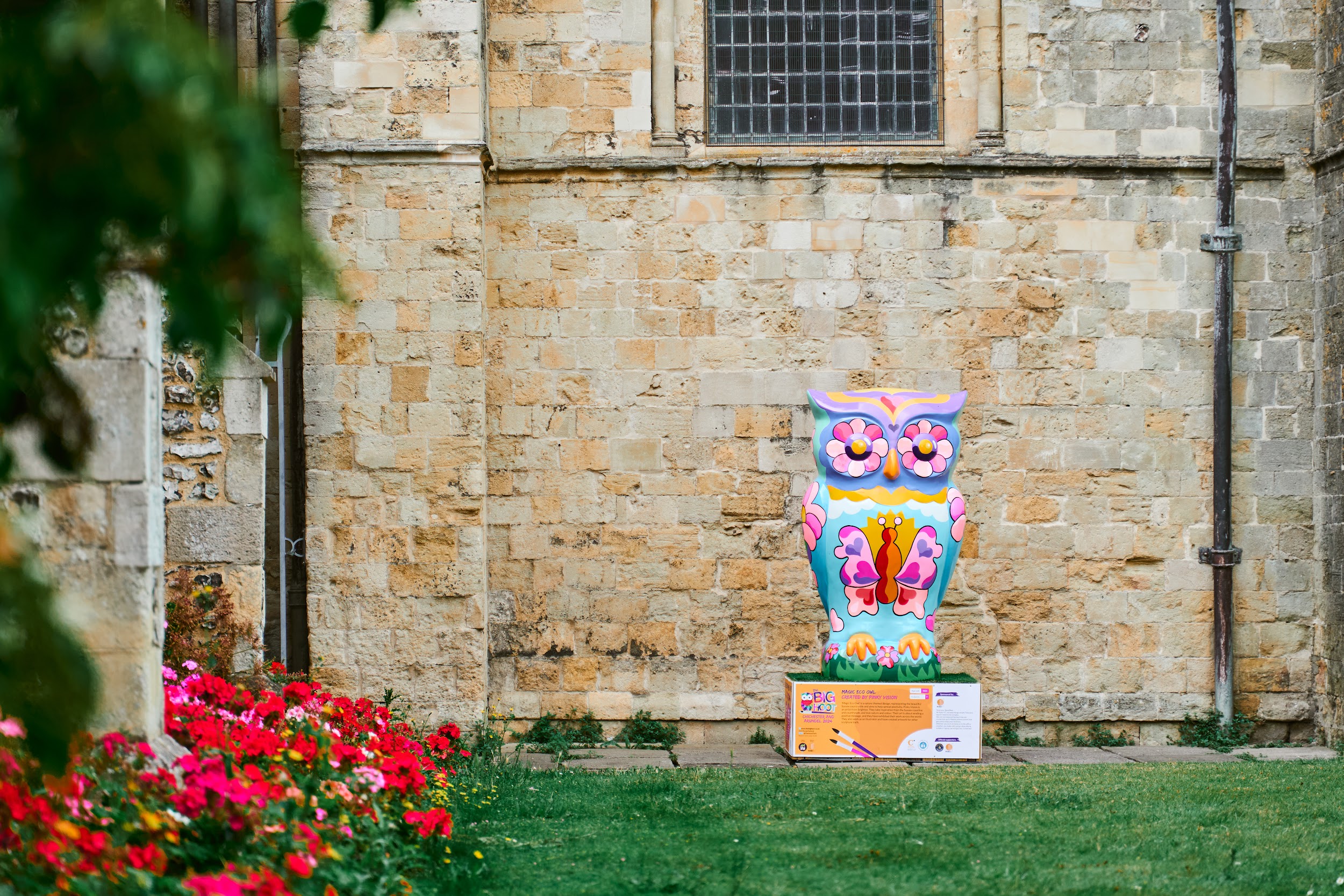 A large painted owl, 'Magic Eco Owl’ as part of 'The Big Hoot' in front of the Cathedral.