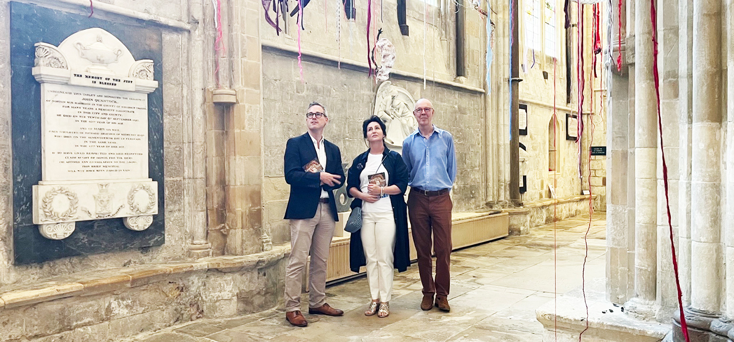 Curator Jacquiline Creswell and Lord Parkinson viewing Fiona Campbell's Martyrdom of the Ten Thousand