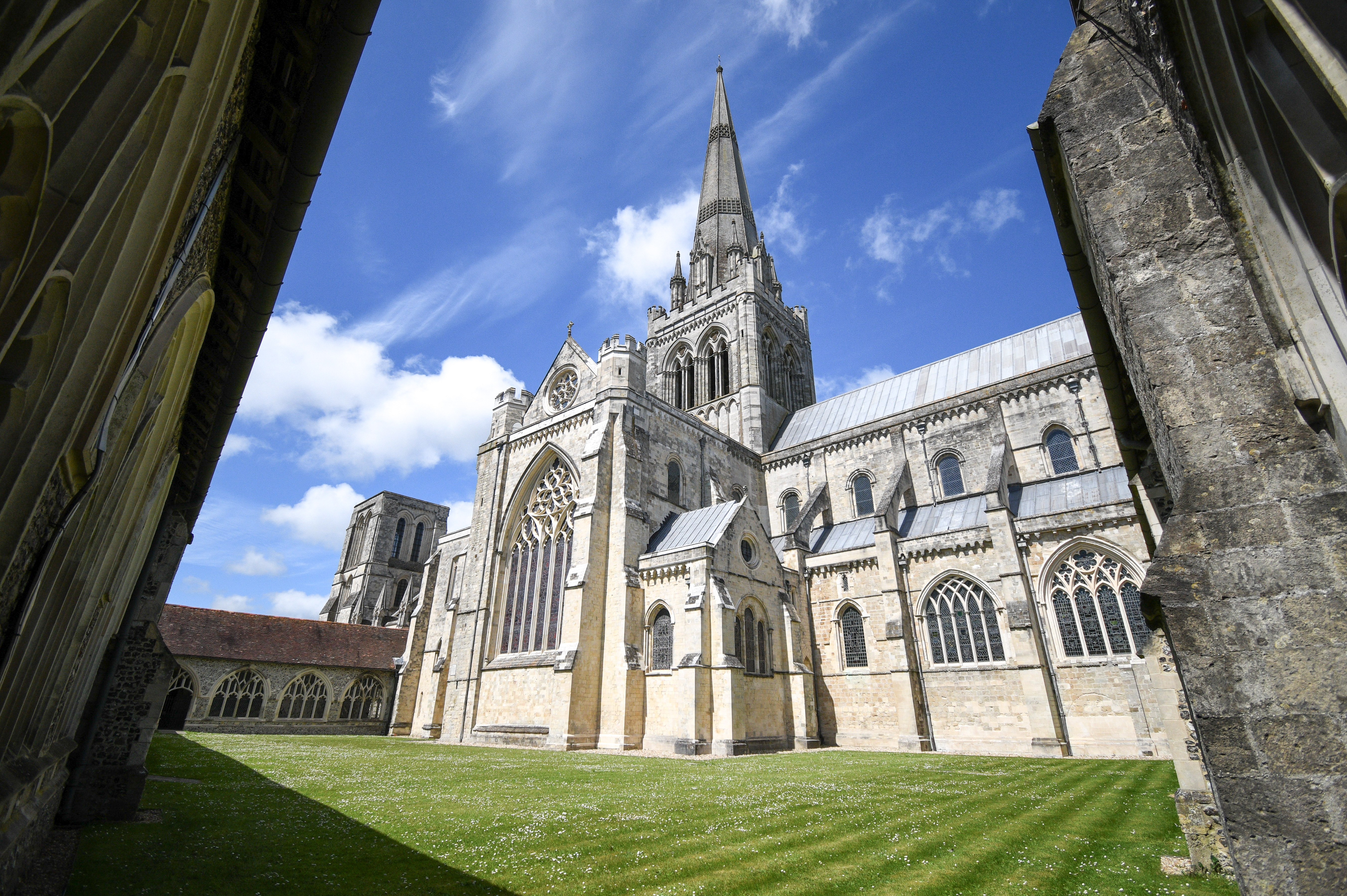 The Cathedral as seen from Paradise, the green space in the cathedral Cloisters
