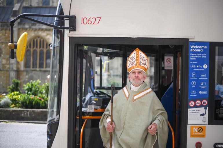 St Richard alights a Stagecoach bus in Chichester