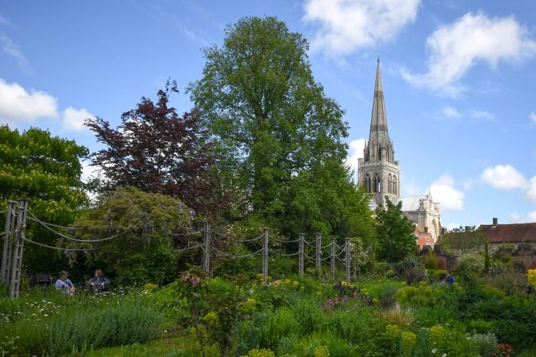 view of the cathedral from Bishop's Palace Gardens